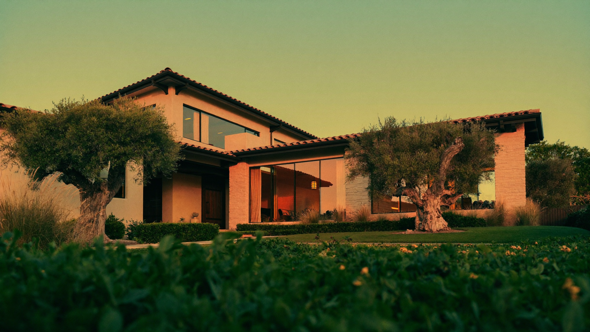 A modern California home at dusk whose owner opened a HELOC to access their home equity