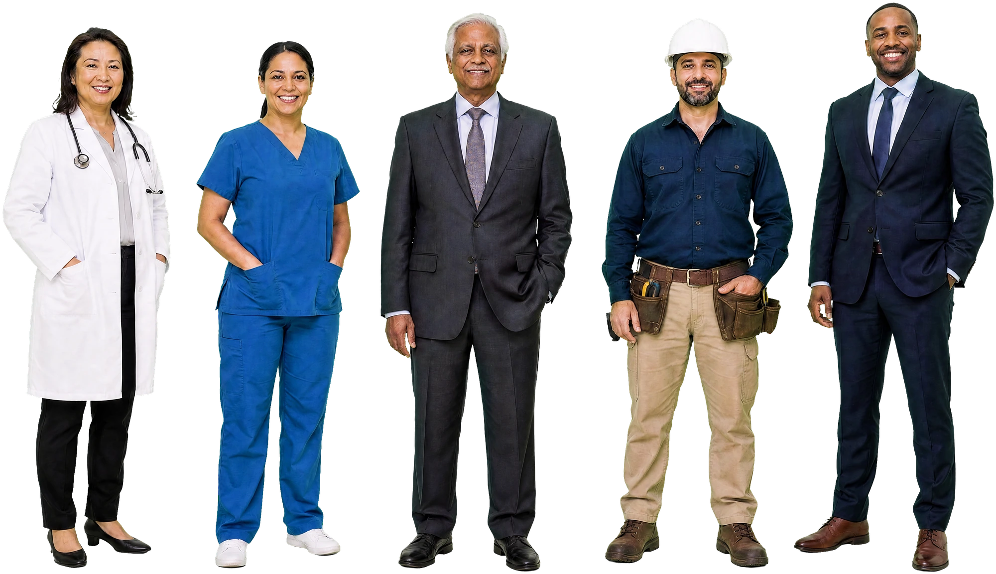 A doctor, a nurse, an executive, a construction worker and a manager standing together