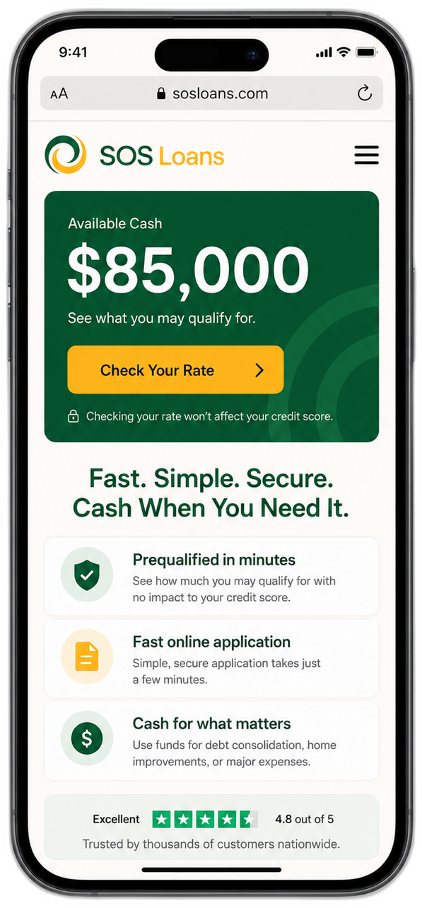 The S.O.S. Loans site on mobile showing available cash and a rate check