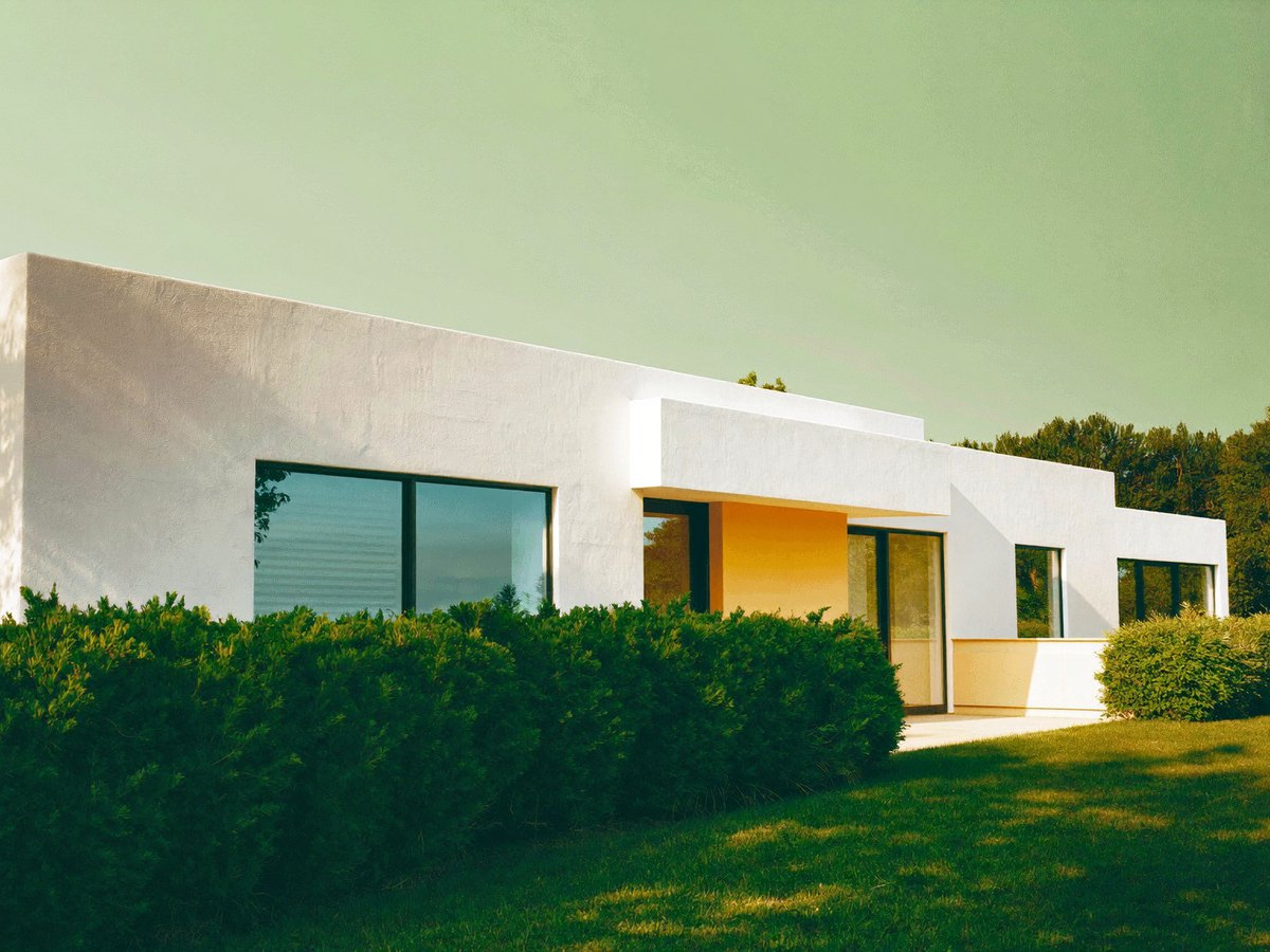 A modern white California home with a landscaped hedge and lawn
